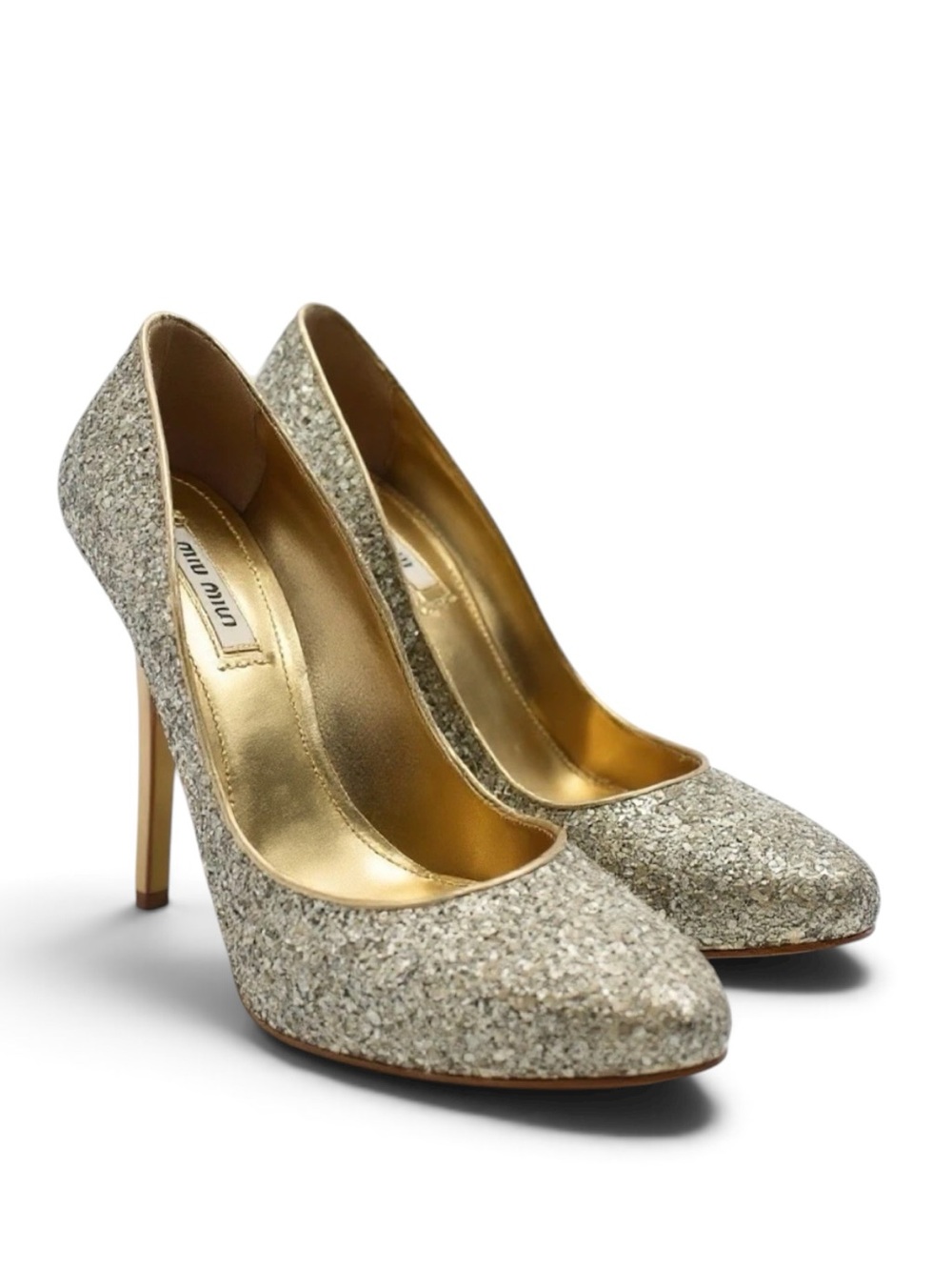 Miu Miu Silver Gold Glitter Platform Pumps Heels Size 41